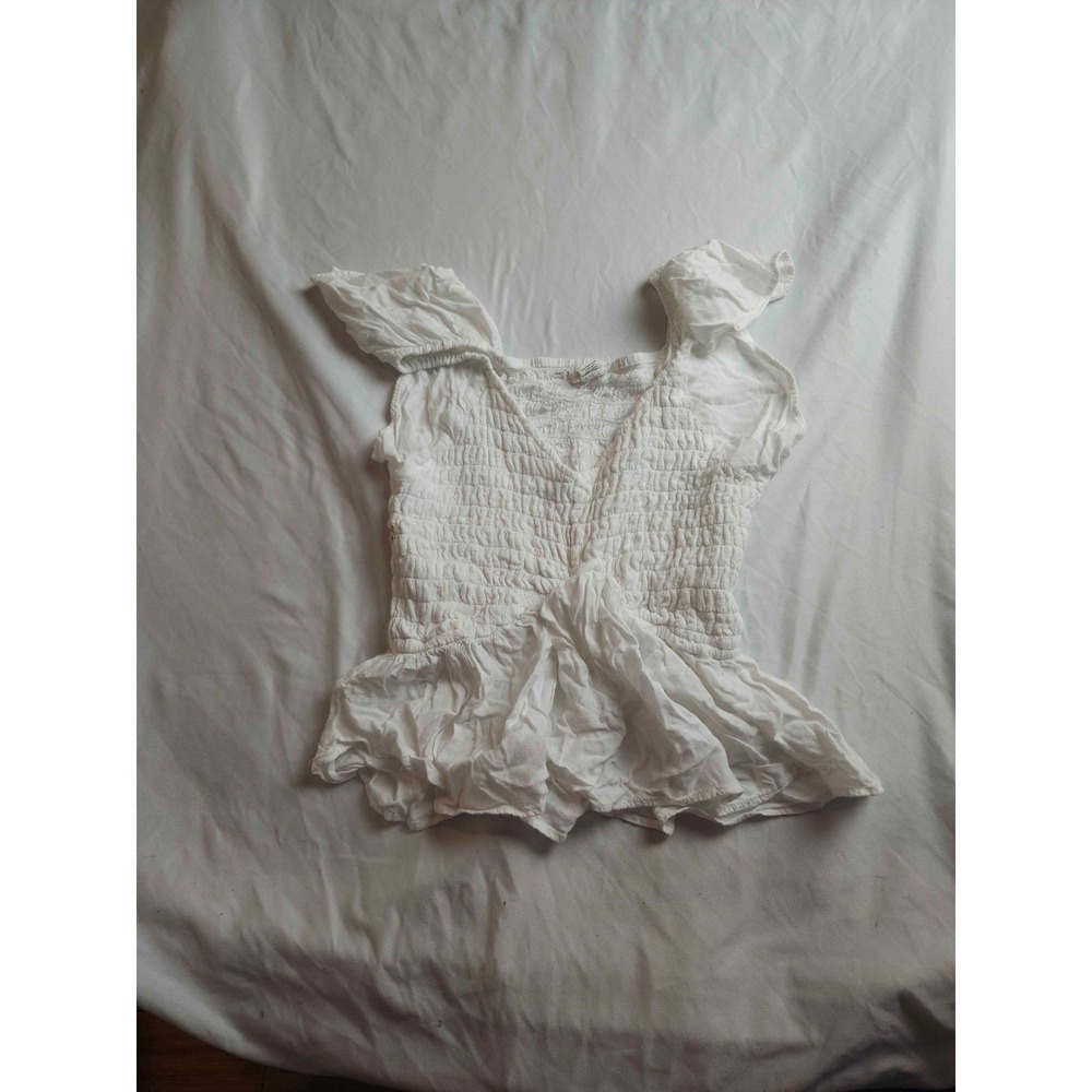 Jopra Blouse Top Womens Size XS White Smocked Flutter Sleeve Peplum Hem Cropped‎
